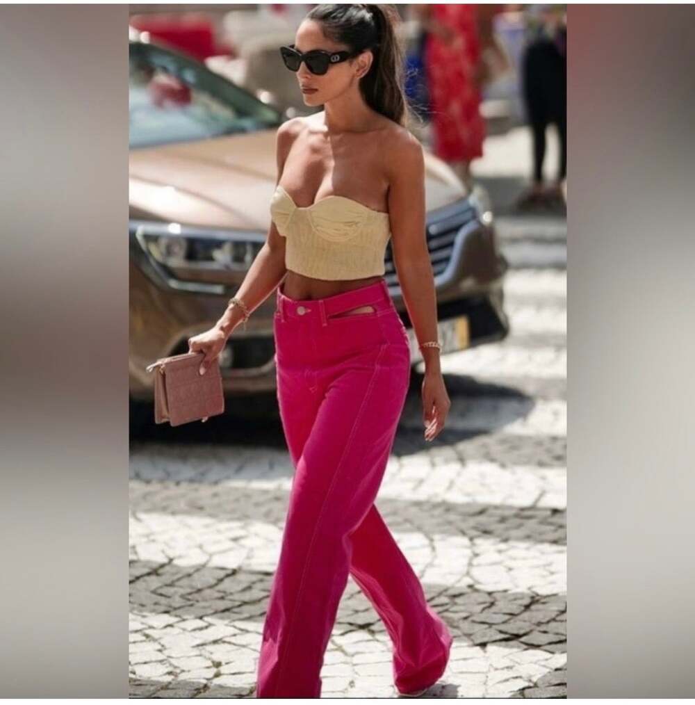 Zara Hot Pink Cutout Side Waist Straight Leg Cotton Pants Jeans Size 0